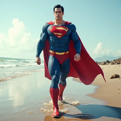 a highly realistic image of a superman is walking in front forward direction through the shallow water, leaving deep grooves in the sand under a sky."