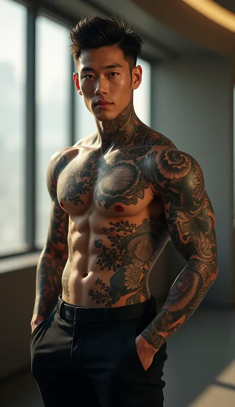 (Show full body portrayal of one male handsome Asian American Men) (young boy) (detail face angular) (17-years-old)(slender)(oriental) (tallish) (brown skin) (full body tattoo) (High Details, Super Detailed, fashision Hair,strong face,make it super real, l...