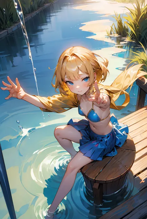 1.5),(1 petite, slender girl ),( Dynamic Poses),(Golden-haired bob hair sitting on the alley steps ),( blue eyes),(Blue Bikini),(floating),(cloud),(Too many drops of water),(Twilight),(watercolor),( Wide Shot )