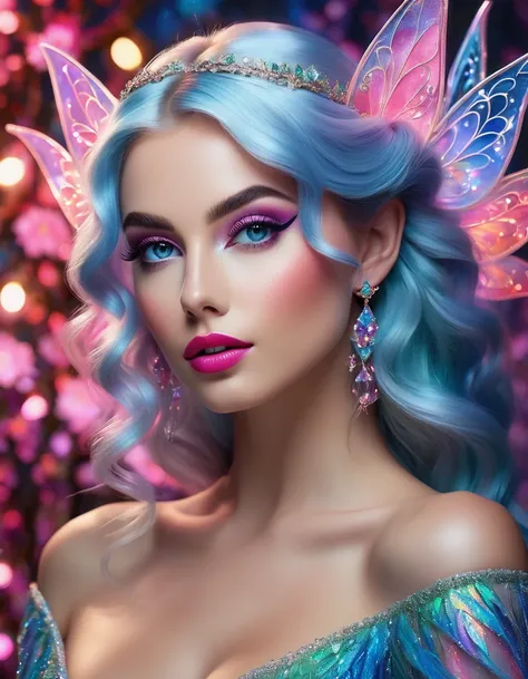 portrait of front view women, curvy body slim waist, big beautiful busty, body curves, blue, lip-gloss, nail polish, 4k, thick lines, In a mesmerizingly vibrant and dreamlike painting, an ethereal elf is depicted with breathtaking beauty. The image, create...