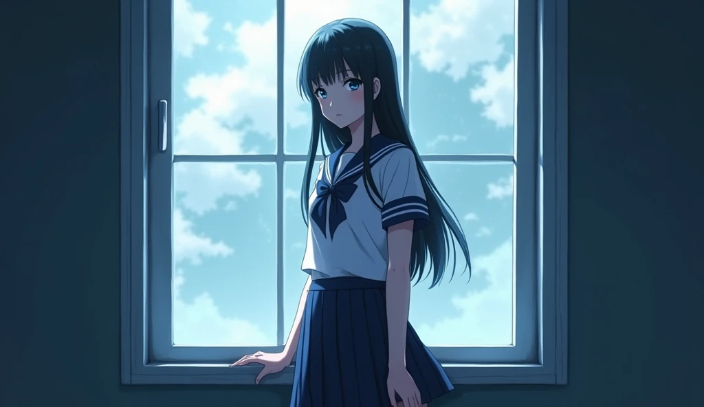 a cold beautiful woman wearing a school uniform , standing by the window ,  anime style 