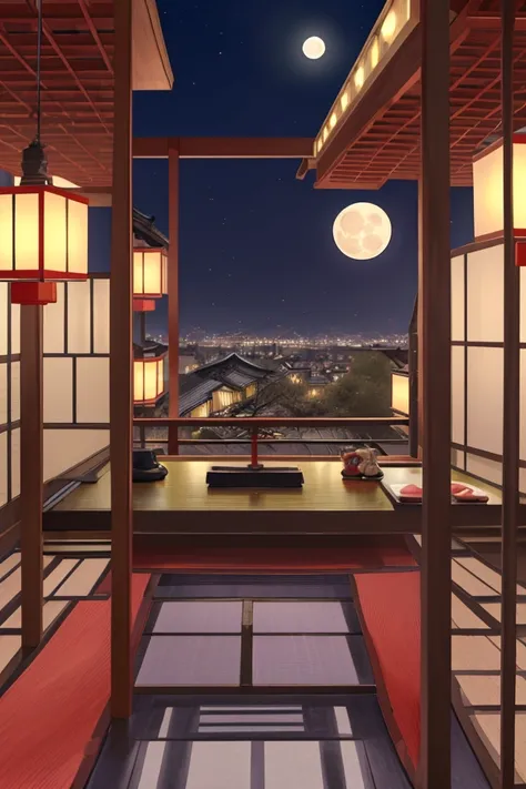 japan , night, lots of details , Japanese restaurant , no people, many tables,  fantasy，quietness，cozily，floor-to-ceiling windows，Sateen，japan lamplight, full moon, city view