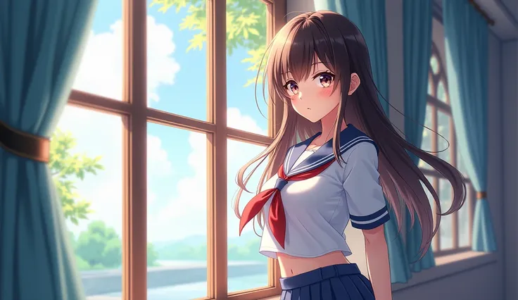 a bright beautiful woman wearing a school uniform , standing by the window ,  anime style 