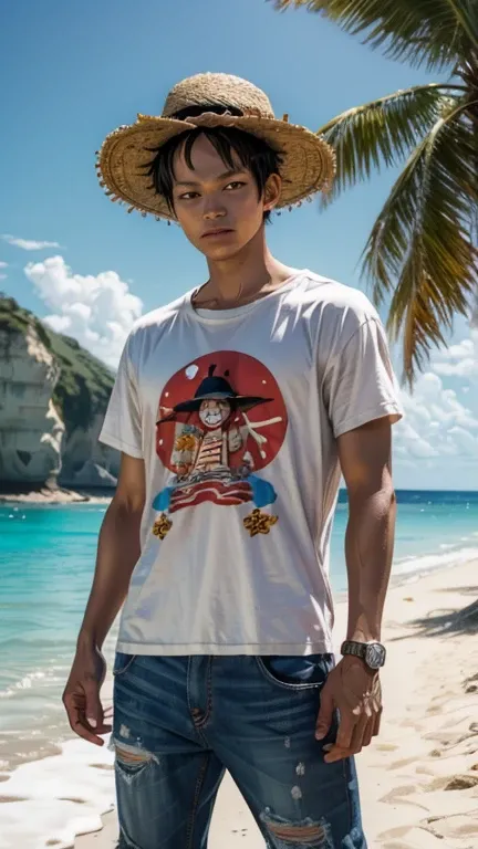 solo , 1man , American man , beach outfit , Luffy One Piece shirt , look at the viewer ,