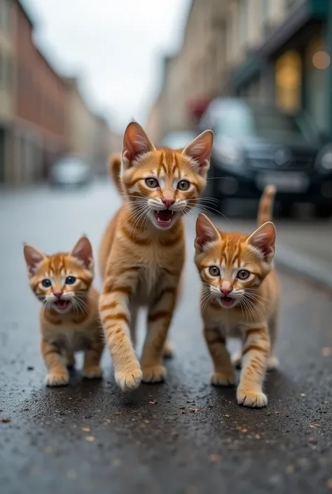 mother cat and her kittens are walking on the street when suddenly a car comes and accidentally hits the mother cat. The baby kittens start crying loudly, scared and upset. People nearby quickly rush to help, pick up the injured mother cat and her crying k...