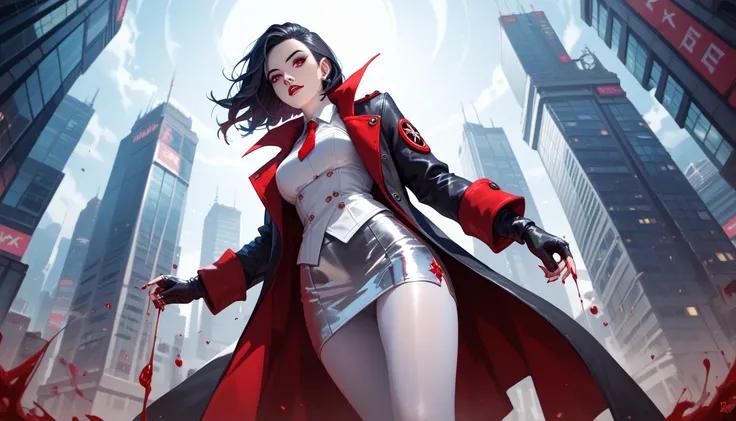 A vampire with long raven-black hair, blood-red eyes, and a faint scar over her cheek. She wears a high-tech trench coat that shimmers with iridescent threads, She perches on the edge of a skyscraper, her gaze fixed on the glowing city below, silver pantyh...