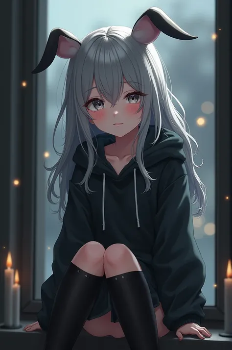 goth girl, long grey hair, cute bangs, small smile, hands in lap, downward angle, adorable, thigh high socks, skirt, large hoodie