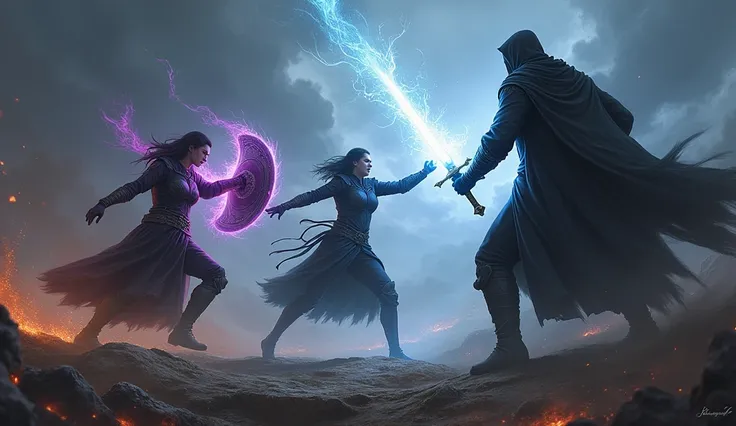 In this conflict, the mysterious man with black robe chooses to fight against Lyra and Eris, each of whom has different motives. A three-way battle begins, with Eris using her dark magic, Lyra using the Shield of Eos, and Kain using the Sword of Beelzebub ...