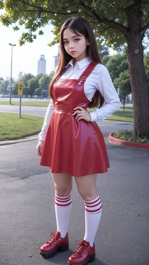 ren summer camp, full body , fitted curvy figure , cute beautiful short teenage schoogirl, beautiful cute teen face with big lips , High Waisted red leather skater pinafore dress, blouse short puffy sleeves , High Waisted red leather skater pinafore dress,...