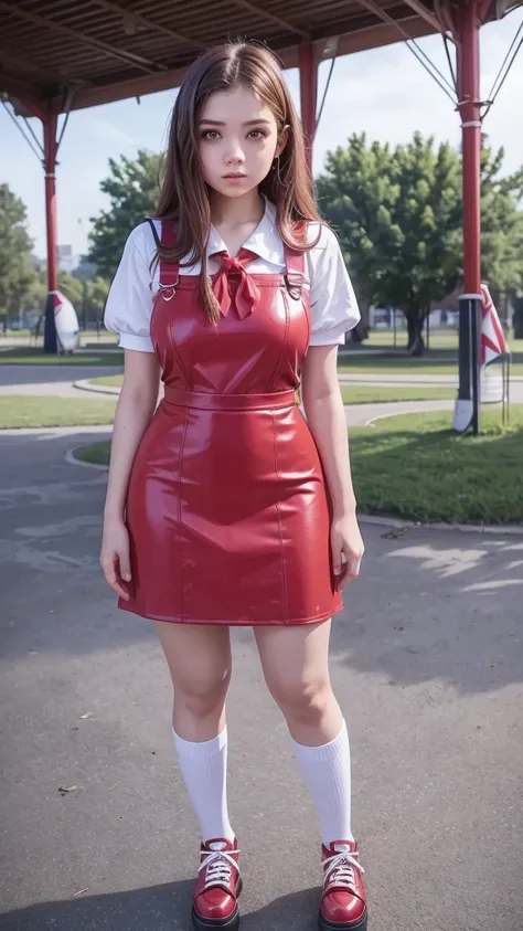 ren summer camp, full body , fitted curvy figure , cute beautiful short teenage schoogirl, beautiful cute teen face with big lips , High Waisted red leather skater pinafore dress, blouse short puffy sleeves , High Waisted red leather skater pinafore dress,...