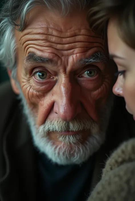 "Close-up shot of the elderly man’s face showing disbelief and love, as he softly says, I dont need a marriage at this age. The background is blurred, but a glimpse of the son’s calm, determined expression is visible."