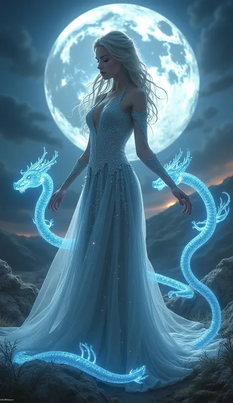 Moon Dragon Slayer:
"A Moon Dragon Slayer mage in a nocturnal landscape illuminated by a giant full moon. Her powers emit a silver aura as she summons beams of moonlight shaped like translucent dragons. She wears a long, starry gown, with flowing hair and ...