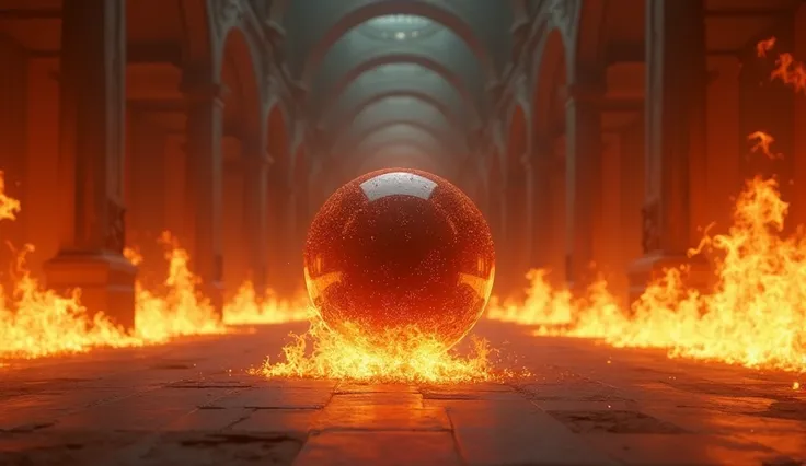 A ball in the middle of a hall engulfed in fire