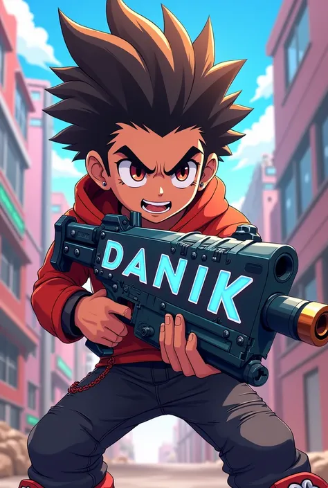 Anime crash boy with a yusp gun with a large Danik lettering from the bottom to the middle 