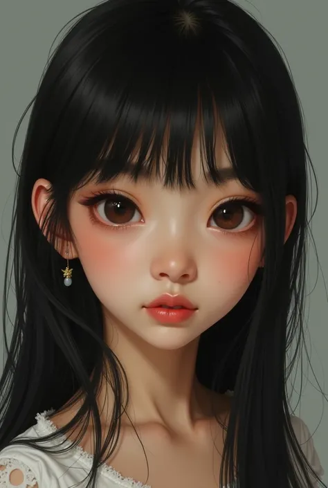 An adolescent with the following characteristics:

 Asian eyes a little large , brown color.
 A small mole under the right eye .
 pompous lips.
long nose.
 Diamond-shaped face .
bushy eyebrows.
straight black hair, British-cut .