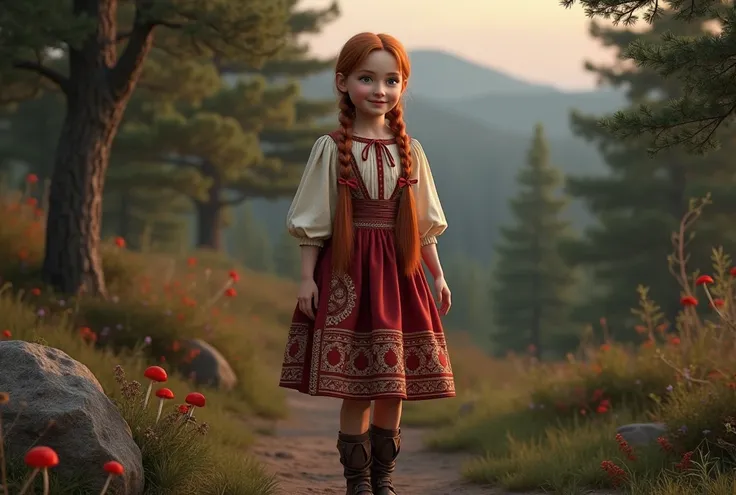 ( extremely detailed : 1.5), ИДЕАЛЬНЫЙ РЕНДЕР OCTANE UNREAL ENGINE5 GLOSSING GLOWING BLIKS глянцевая сцена,
 Girl in Russian national costume .  Redhead with two braids .  Long ultra-smooth shiny hair, ribbons, bows, knee-length ,   facing the viewer , (((...