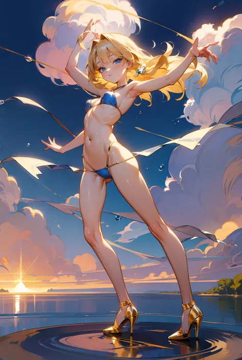 (1 petite, slender girl ),( Dynamic Poses),(golden bob hair ),( blue eyes),(Blue Bikini、 high heels),(cloud),(Too many drops of water),(Twilight)（ full body view）