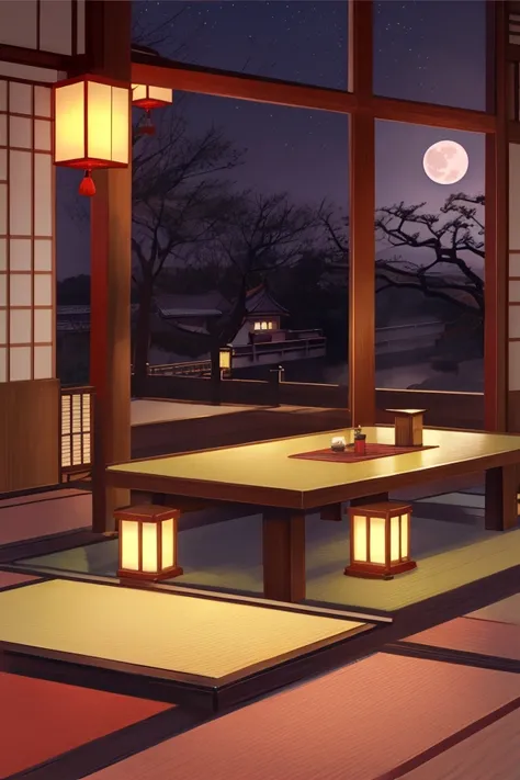 japan , night, lots of details , ryokan inside , Japanese restaurant , no people, many tables, many chair, fantasy，quietness，cozily，Sateen，japan lamplight, full moon, city view windows