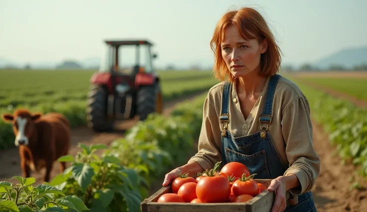 Panoramic view of a very beautiful very poor 1920s migrant farm-worker woman caring tomatos with wooden hand cart, tired face, tattered clothes, straight auburn hair, Also theyve cattle, chickens as well, a mini tractor in action in tomato field background...