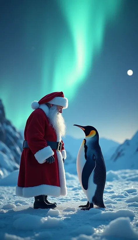 A cinematic scene depicting Santa Claus and a penguin standing on an icy mountain peak under the aurora-lit sky. Santa, dressed in his classic red-and-white outfit, with a warm, jovial expression, gazes deeply into the eyes of the penguin, which stands upr...