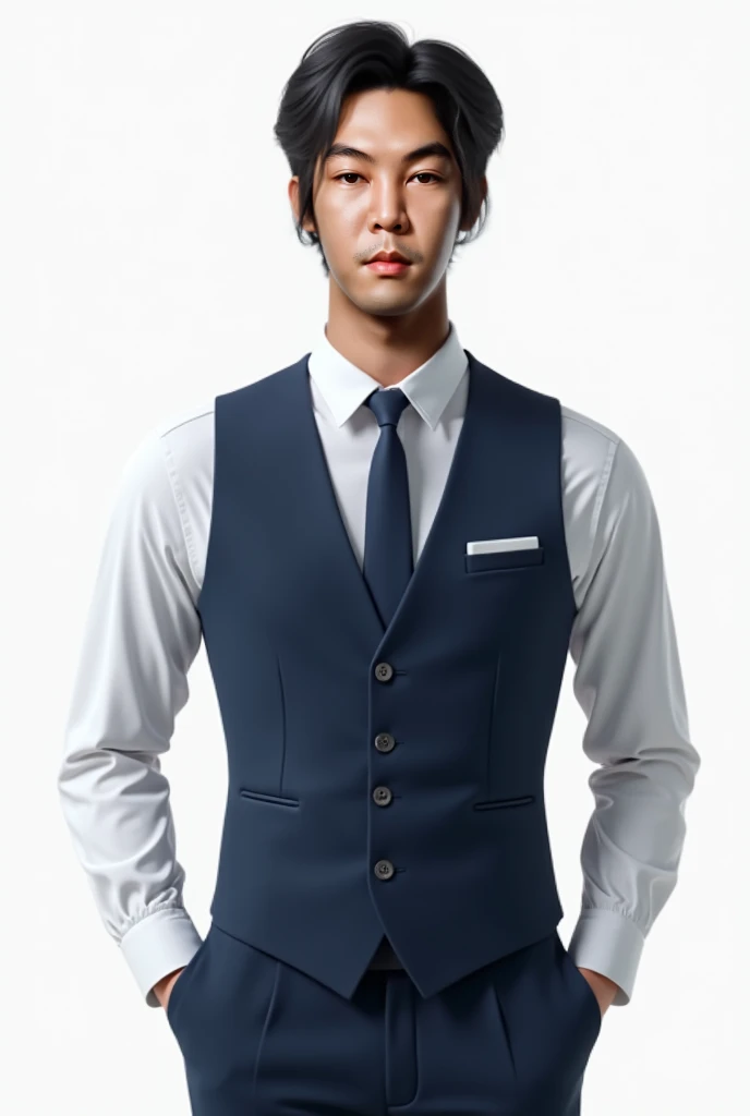 "Generate a realistic half-body image of a person for an ID card photo. The individual is wearing a white dress shirt, a navy blue suit, and a matching navy blue tie. Their hairstyle is a middle part in the style of a Korean boy band member, neat and profe...