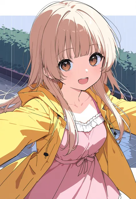 1_girl, long hair, straight bangs, blonde hair, brown eyes, small breasts, wearing pink dress, yellow raincoat, sketch, fun pose