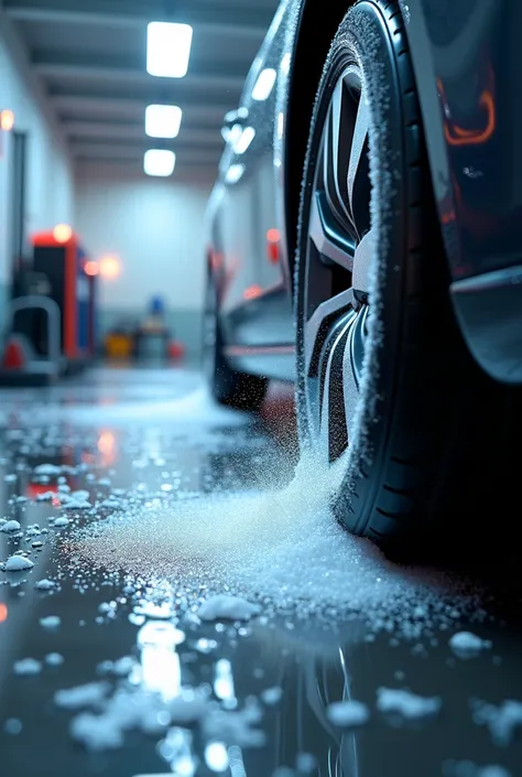  Create an image to advertise a car wash,  with vacuum , soapy ,  glitter icons on tires excellent service ,  realistic .