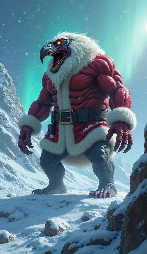 A terrifying hybrid creature stands on an icy mountain peak under the same aurora-lit sky. This monstrous fusion combines the bulk of Santa Claus with the sleek, predatory features of a penguin. Its muscular frame is clad in a grotesque version of Santas r...