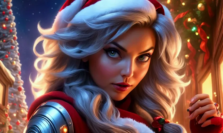 a cute woman, sexy sci-fi combat outfit, cute, large laser gun smoking barrel, embarrassed, apologizing to santa claus, she has shot up his sleigh, north pole Christmas land, 8k, high quality, detailed, photorealistic, cinematic lighting, vibrant colors, d...