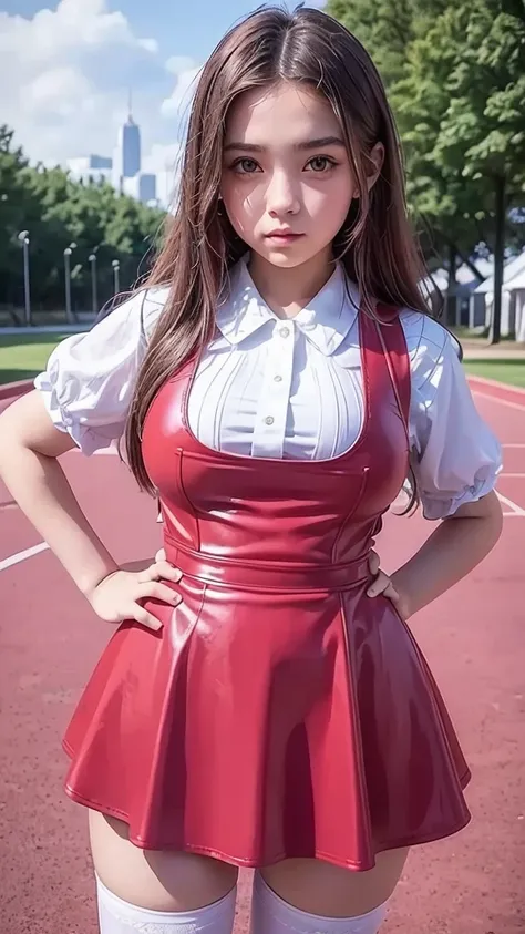 summer camp for schoolgirls, full body , fitted curvy figure , cute beautiful short teenage schoogirl, beautiful cute teen face with big lips , High Waisted red leather skater pinafore dress, blouse short puffy sleeves , High Waisted red leather skater pin...