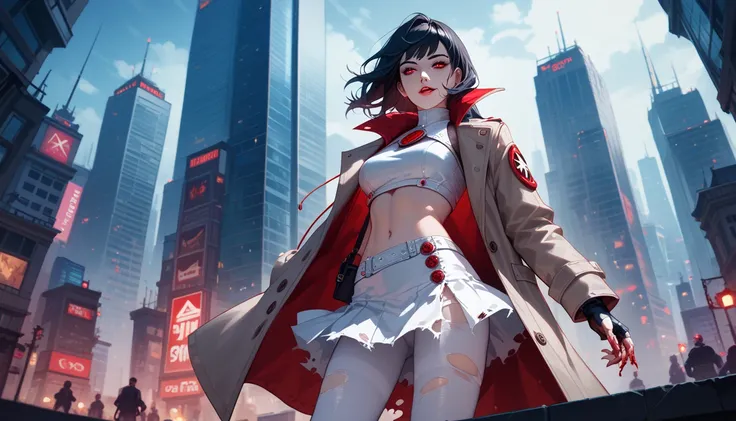 A vampire with long raven-black hair, blood-red eyes, and a faint scar over her cheek. She wears a high-tech trench coat that shimmers with iridescent threads, She perches on the edge of a skyscraper, her gaze fixed on the glowing city below at night, silv...