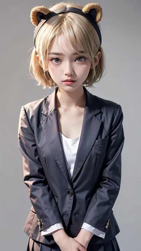  College Student .  blazer school uniform. Enako. bear ears headband。Random Nudes, (Exhibitionism),  random exposure of genitals.  small breasts. Thin Hair。 on plain grey background。 Light blonde. Round face.  super short hair。  cute, No Emotion,Disgust. I...