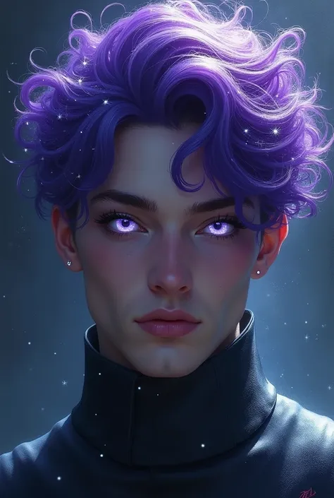  Man with purple hair like the night sky, eyes with a white center and around black 