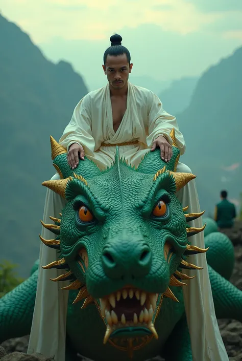  Hyper realistic photo in the broad view of a random man, the emperor of Indonesia,  face facing the camera ,  wears white satin fabric ,  arm ornament , cock-footed ,  blowing a green poison flute coated in gold ,  sits on the head of a green giant dragon...