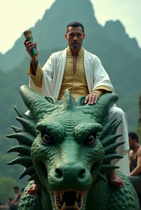  Hyper realistic photo in the broad view of a random man, the emperor of Indonesia,  face facing the camera ,  wears white satin fabric ,  arm ornament , cock-footed ,  blowing a green poison flute coated in gold ,  sits on the head of a green giant dragon...