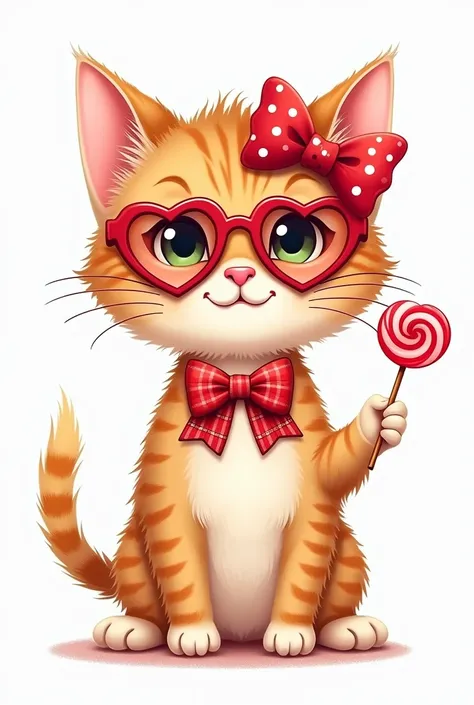 This whimsical design showcases the upper half of an adorable kitten wearing playful and charming accessories. The cat wears large red heart-shaped glasses and a matching polka dot bow on his head, exuding fun and fashion. Its neck has a red plaid bow and ...