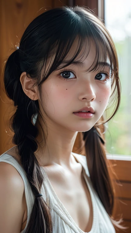  top quality ,  focus on face , Soft light,  super high res, ( realistic :1.4),  RAW photo,
 1 Japanese girl , Alone, cute, (pupil, あなたのpupilに光を),   Beautiful face in every detail , (),( high resolution human skin texture detail),
( long hair)、 pull up hai...