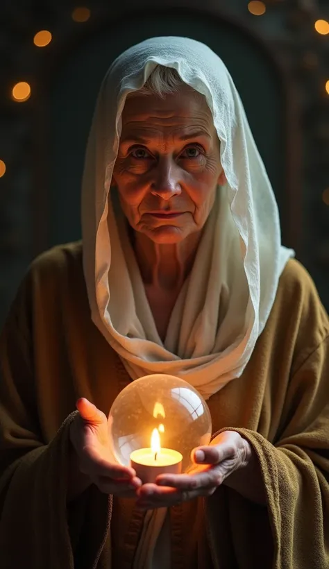 An elderly woman holding a translucent orb containing a burning candle inside. she uses a,  textured robe in shades of brown and gold ,  with a white veil covering part of her head .  Your expression is serene , but mysterious ,  as she looks straight ahea...