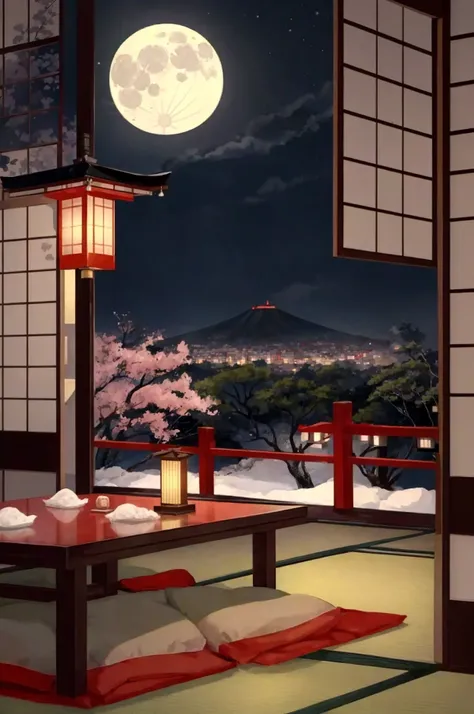 japan , night, lots of details , ryokan inside , Japanese restaurant , no people, many restaurant tables and chairs, fantasy，quietness，cozily，Sateen，japan lamplight, full moon, city view window