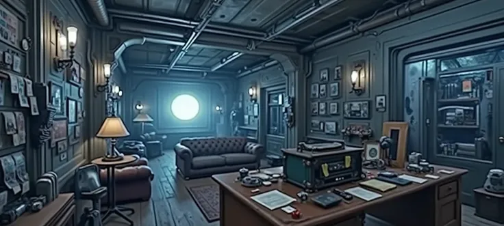 Sci-Fi - Steampunk, Bunker, Large Inventors Workshop, Cyberpunk, Sci-Fi Holographic Moon, Sofa, Cluttered Room, Comics, Post-It Notes, Picture Frames on Desk, Antique Music Player, CD Rack, Wide Angle, Desk Against Wall, Center, Junk, Hardware, Thread, Tab...