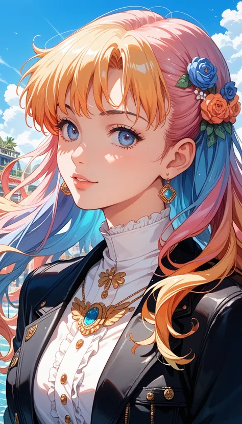 a close up of a person with a  colorful  hair and a black jacket, beautiful  anime style art ,   anime style portrait ,  Anime-style illustrations for  ,  anime style art ,  beautiful anime portrait,  colorful ]”,  colorful !  Character Design,  amazingly ...