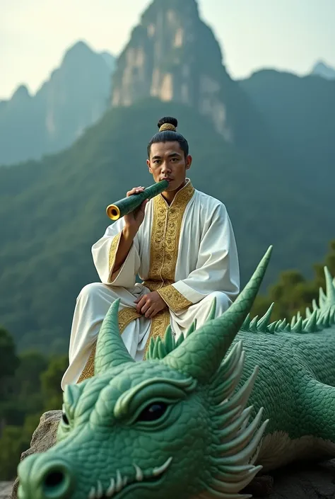  Hyper realistic fhoto in broad view of a random man of the Indonesian emperor,  face facing the camera ,  wearing a white gold patterned war suit , arm ornament , cock-legged ,  blowing a green jed flute in gold ,  sitting on the head of a green giant dra...