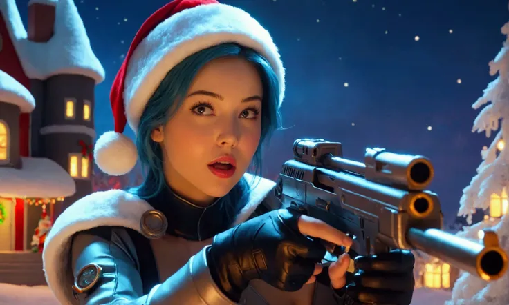 a cute woman, sexy sci-fi combat outfit, cute, large laser gun smoking barrel, embarrassed, apologizing to santa claus, she has shot up his sleigh, north pole Christmas land, 8k, high quality, detailed, photorealistic, cinematic lighting, vibrant colors, d...