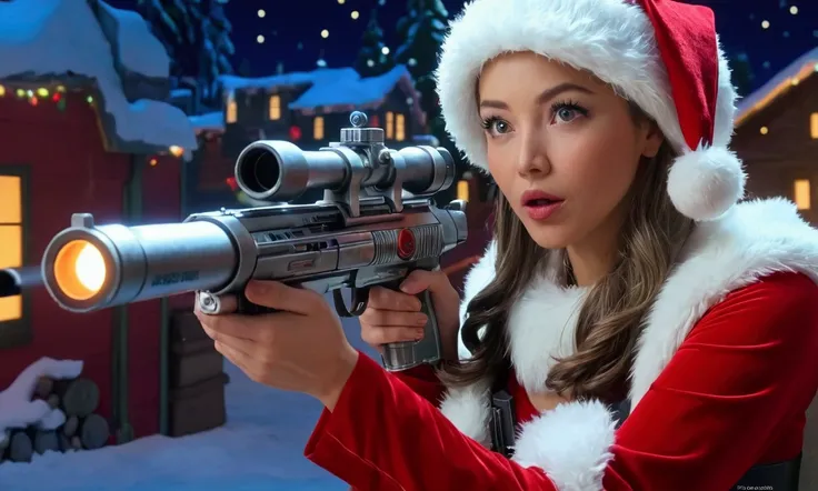 a cute woman, sexy sci-fi combat outfit, cute, large laser gun smoking barrel, embarrassed, apologizing to santa claus, she has shot up his sleigh, north pole Christmas land, 8k, high quality, detailed, photorealistic, cinematic lighting, vibrant colors, d...