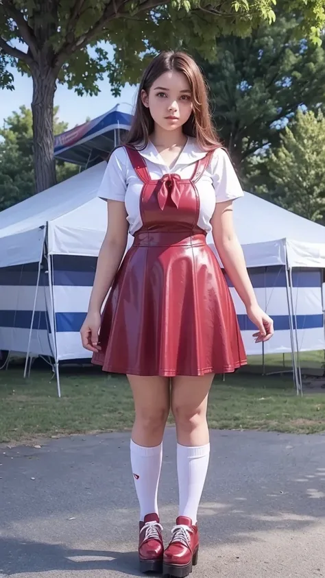 summer camp, full body , fitted curvy figure , cute beautiful short teenage schoogirl, beautiful cute teen face with big lips , High Waisted red leather skater pinafore dress, blouse short puffy sleeves , High Waisted red leather fluffy skater pinafore dre...