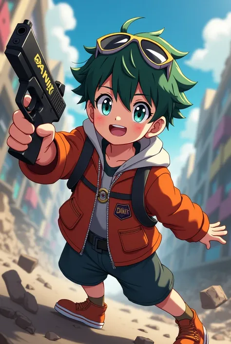 Anime boy crash with a small gun with a huge Danik lettering 