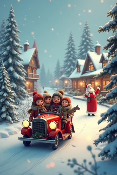 Generate an image of four friends riding a vehicle to a snowy Christmas village with Santa clause welcoming them