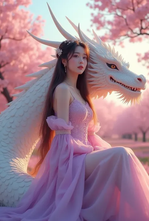 

photography A Beutiful Korean woman length hair, DRESS trendy pink purple sitting on a dragon big white, in a field with blooming trees.Realistis