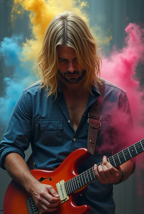 Kurt cobain jouant de la guitare,  le visage dissimulé derrière ses cheveux. Une envolée de poudre colorée derrière. Ecrit "Mahone" au premier plan