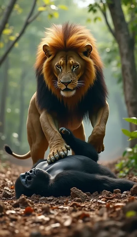 An ultra-realistic 4K final battle scene where the lion stands tall in the center of the frame over the defeated gorilla. The gorilla lies on its back, its chest rising faintly in defeat, and one powerful arm extended limply. The lion’s paw is pressed firm...